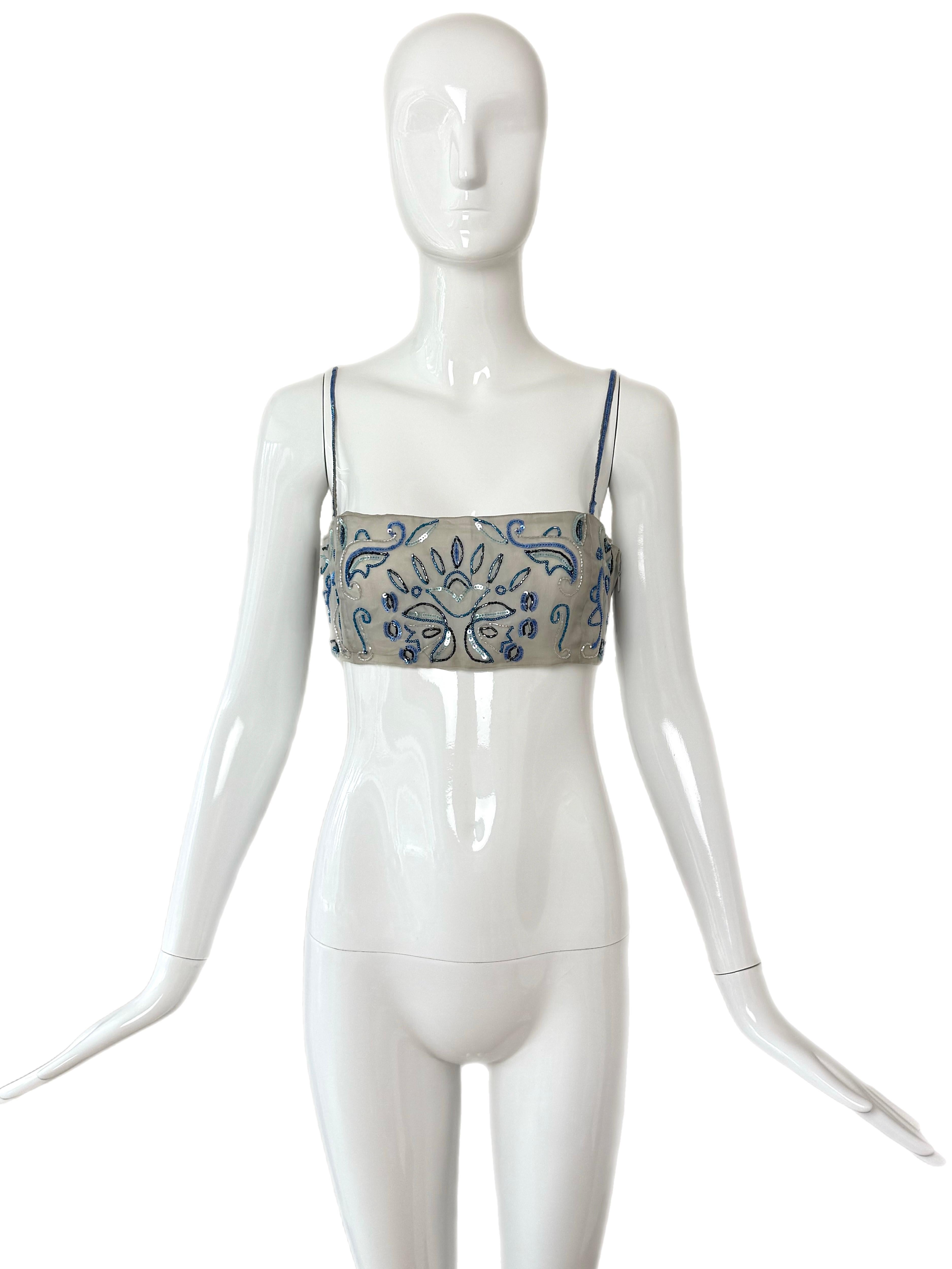EMPORIO ARMANI 2001 Vintage Runway Silk Embellished Bandeau Top Bead Sequin in vendita 1