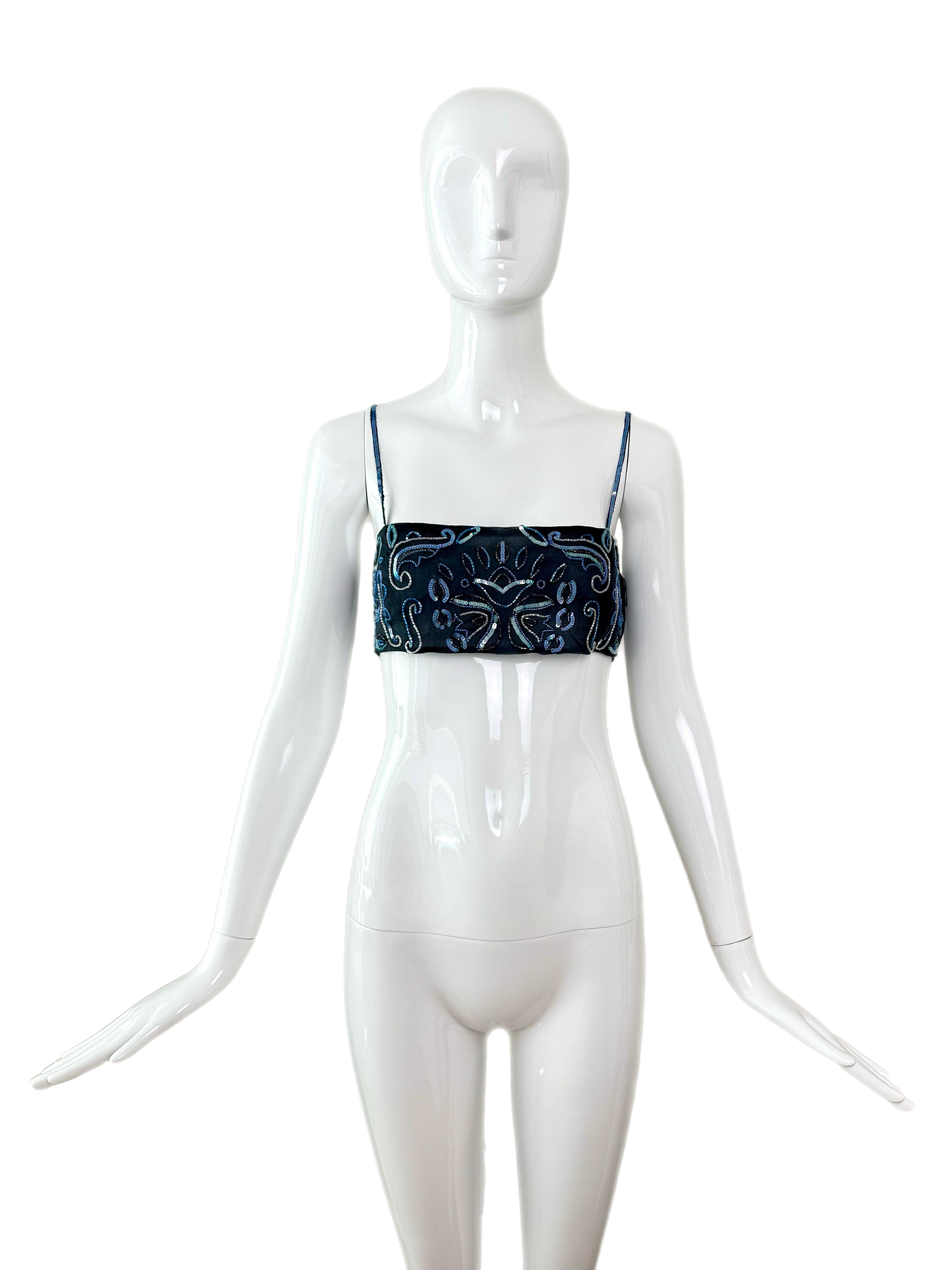 EMPORIO ARMANI 2001 Vintage Runway Seide verschönertes blaues Bandeau Top Perlen Pailletten (Grau) im Angebot