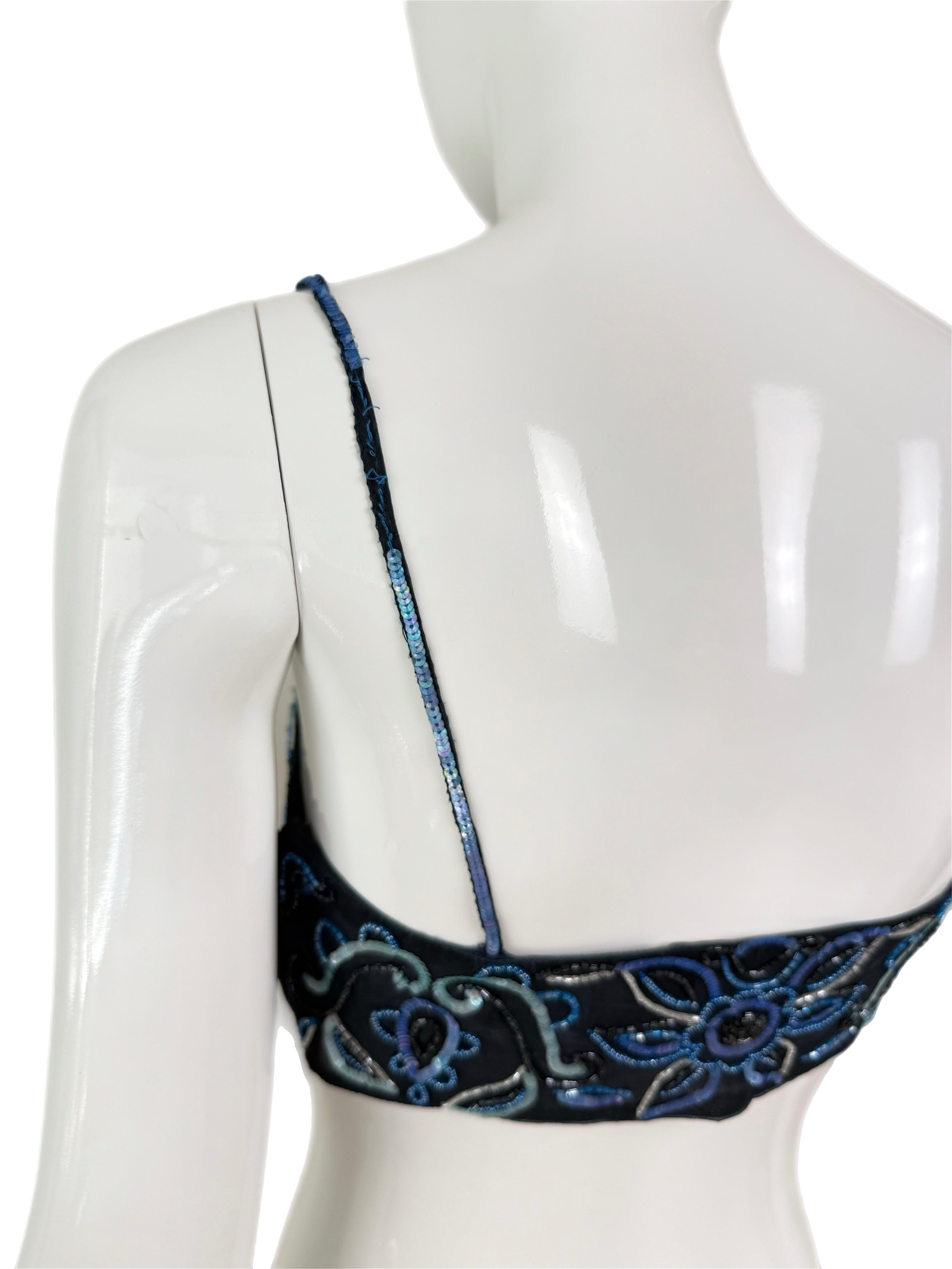 EMPORIO ARMANI 2001 Vintage Runway Seide verschönertes blaues Bandeau Top Perlen Pailletten im Zustand „Gut“ im Angebot in Leonardo, NJ