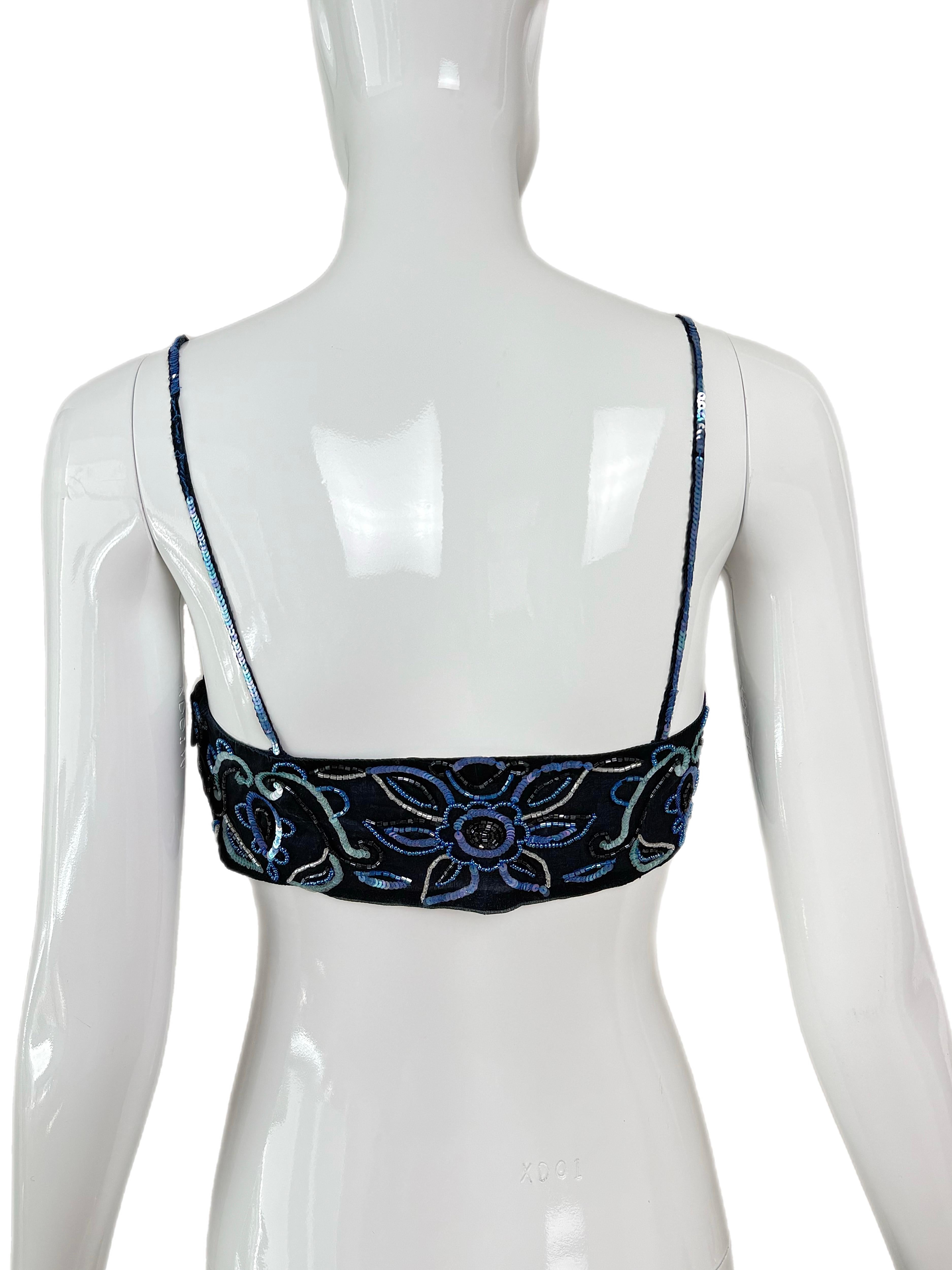 EMPORIO ARMANI 2001 Vintage Runway Seide verschönertes blaues Bandeau Top Perlen Pailletten Damen im Angebot