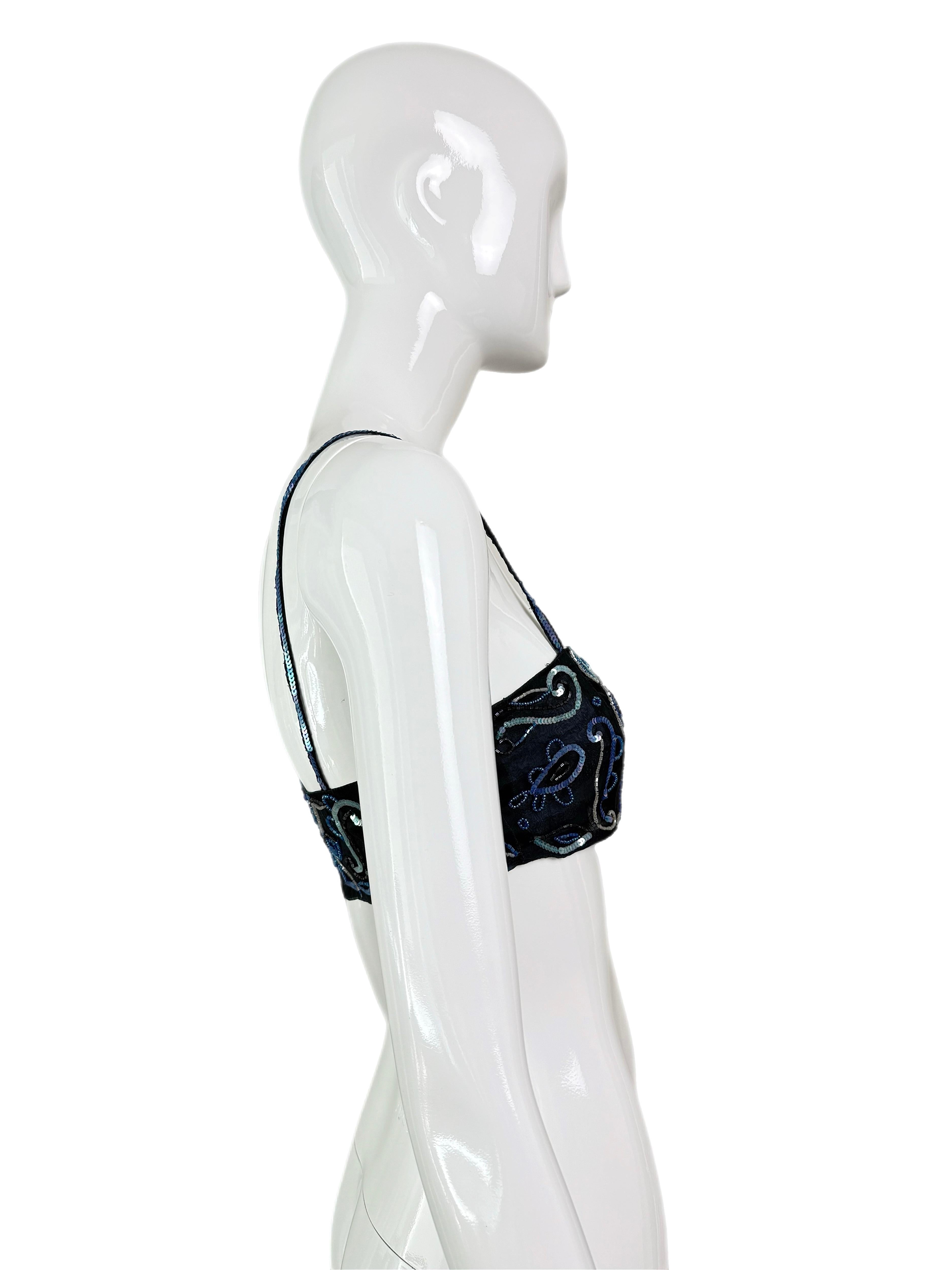 EMPORIO ARMANI 2001 Vintage Runway Seide verschönertes blaues Bandeau Top Perlen Pailletten im Angebot 1