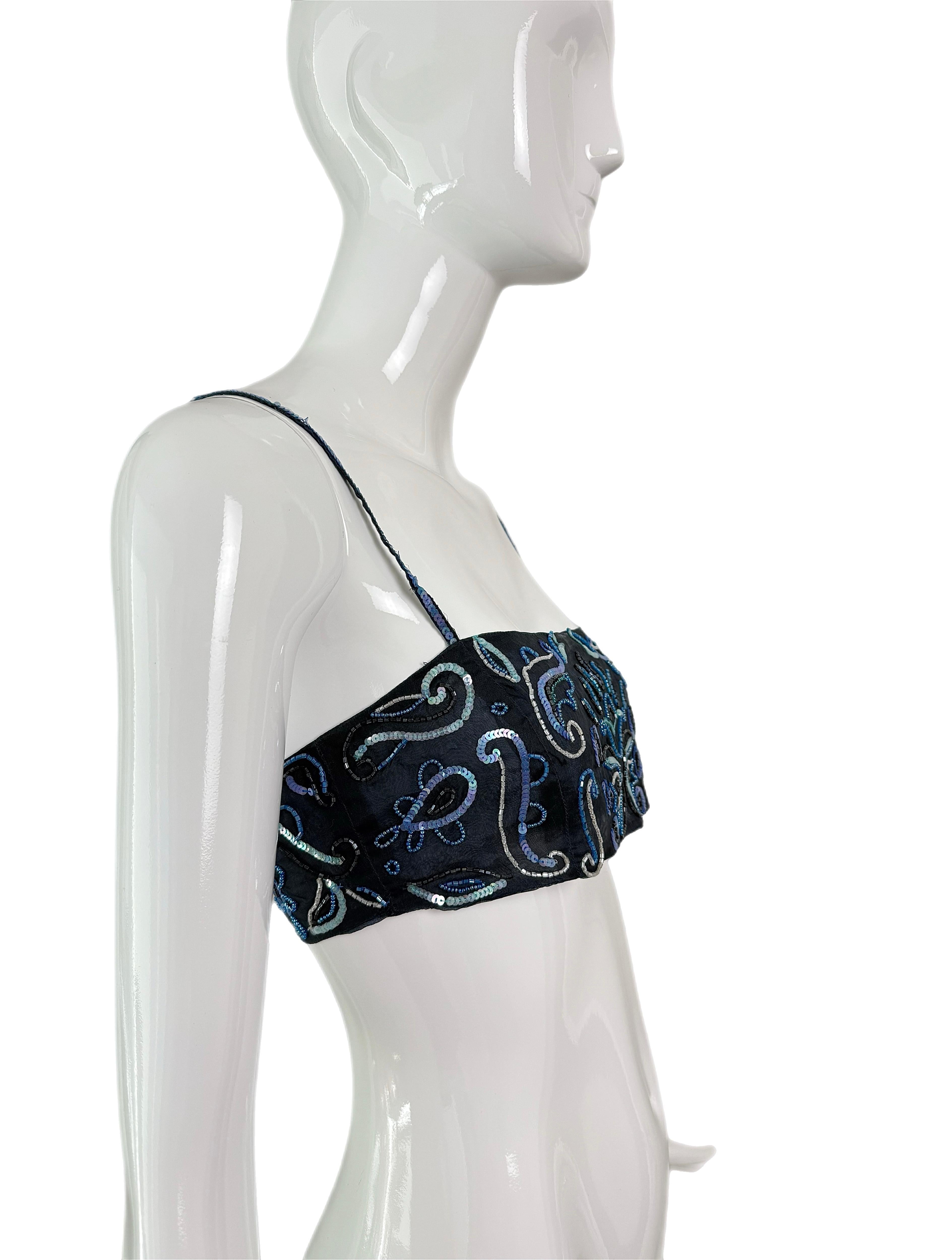 EMPORIO ARMANI 2001 Vintage Runway Seide verschönertes blaues Bandeau Top Perlen Pailletten im Angebot 2