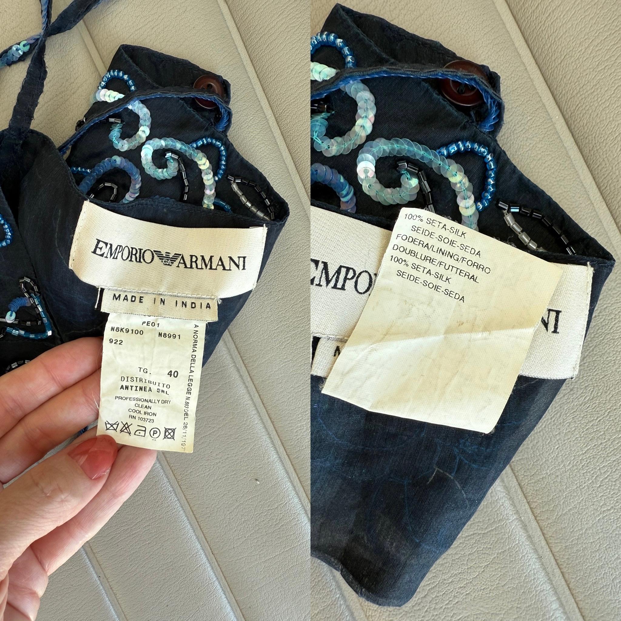 EMPORIO ARMANI 2001 Vintage Runway Seide verschönertes blaues Bandeau Top Perlen Pailletten im Angebot 4