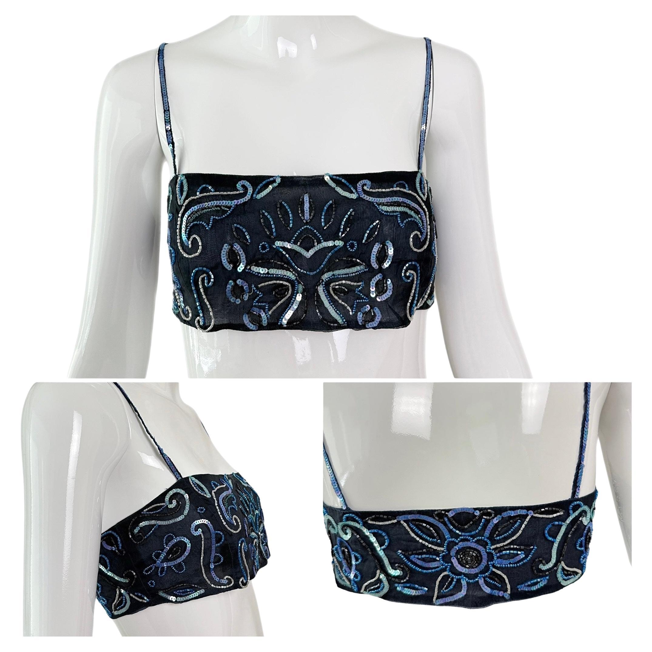 EMPORIO ARMANI 2001 Vintage Runway Seide verschönertes blaues Bandeau Top Perlen Pailletten im Angebot