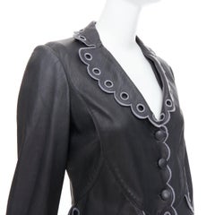 EMPORIO ARMANI 2009 black lambskin embroidered scalloped trim crop jacket IT40 S