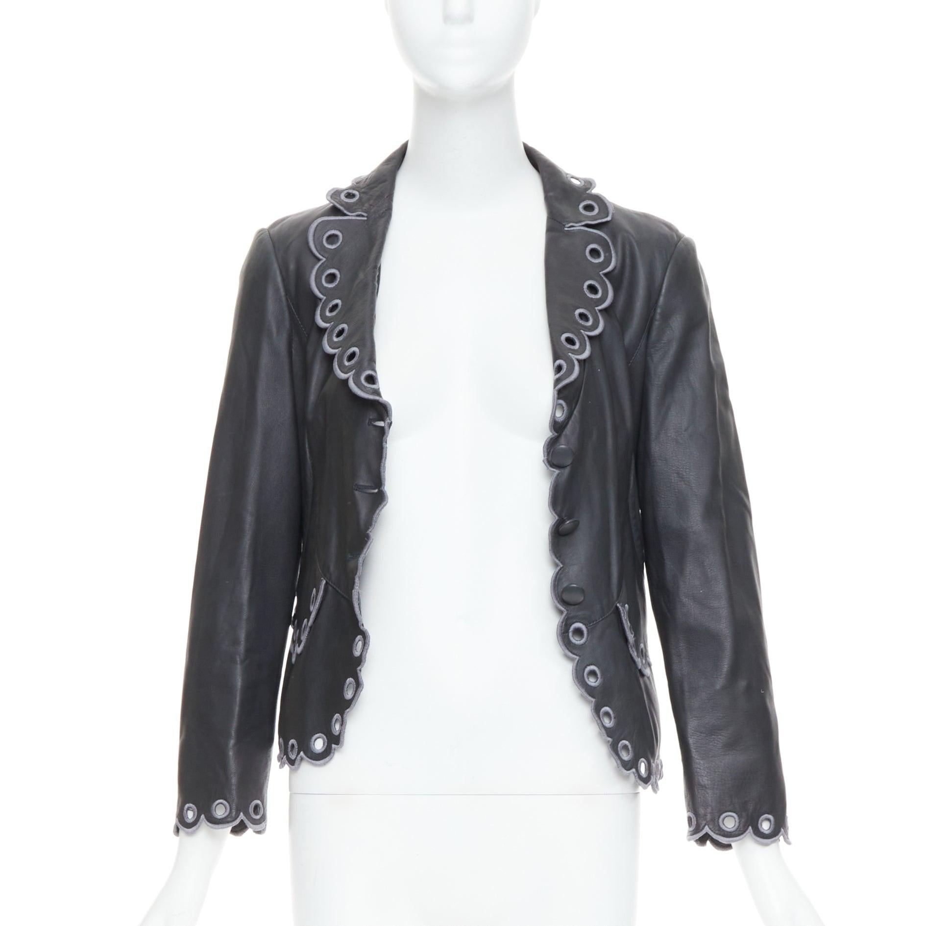 Black EMPORIO ARMANI 2009 black lambskin embroidered scalloped trim crop jacket IT40 S For Sale