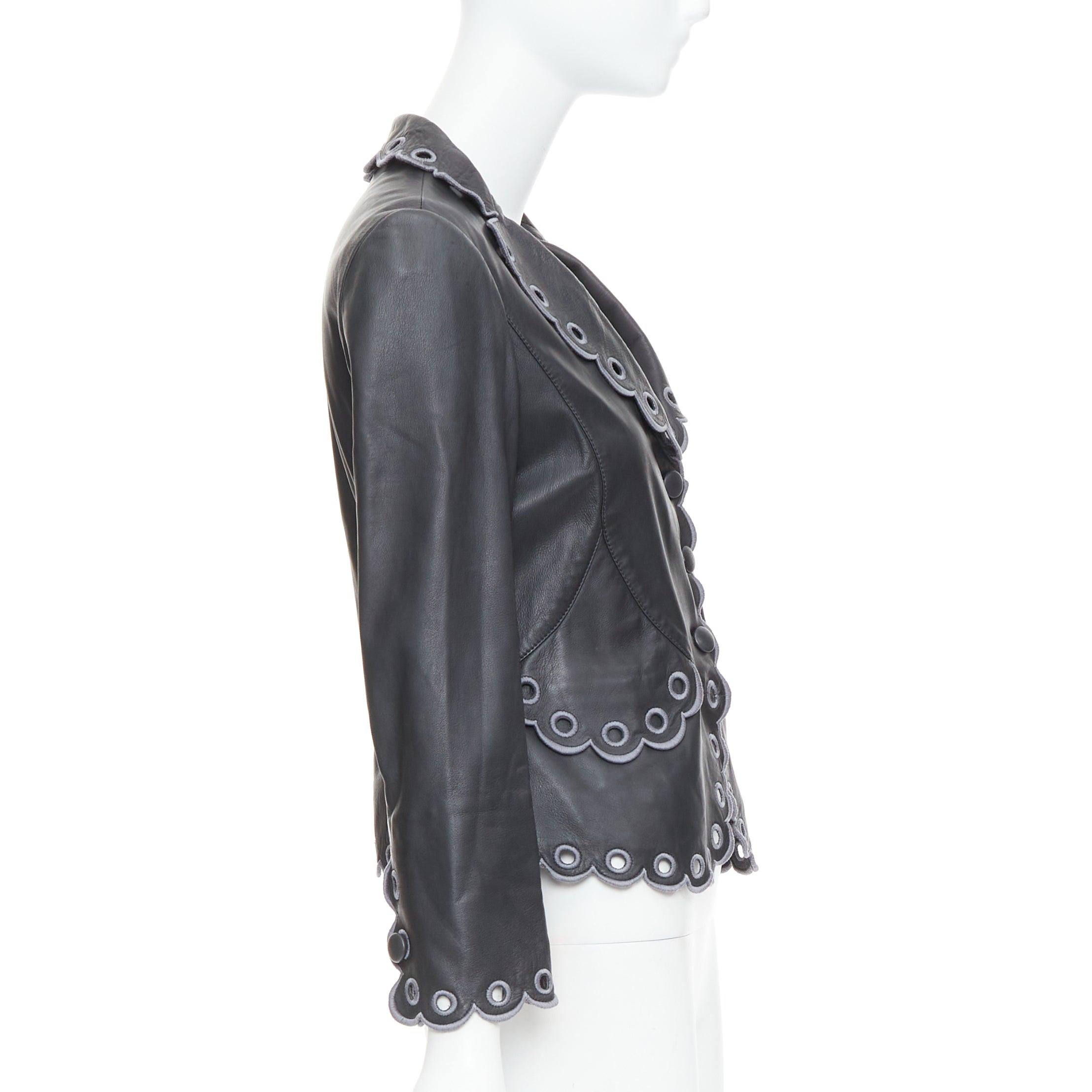 Women's EMPORIO ARMANI 2009 black lambskin embroidered scalloped trim crop jacket IT40 S For Sale