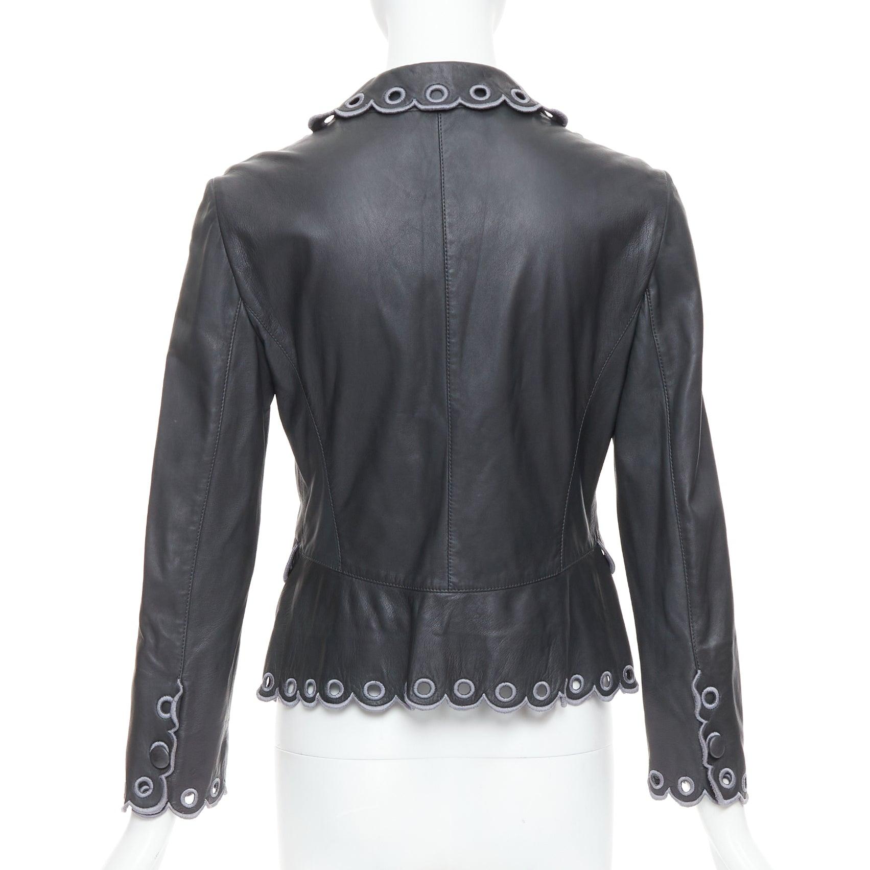 EMPORIO ARMANI 2009 black lambskin embroidered scalloped trim crop jacket IT40 S For Sale 1