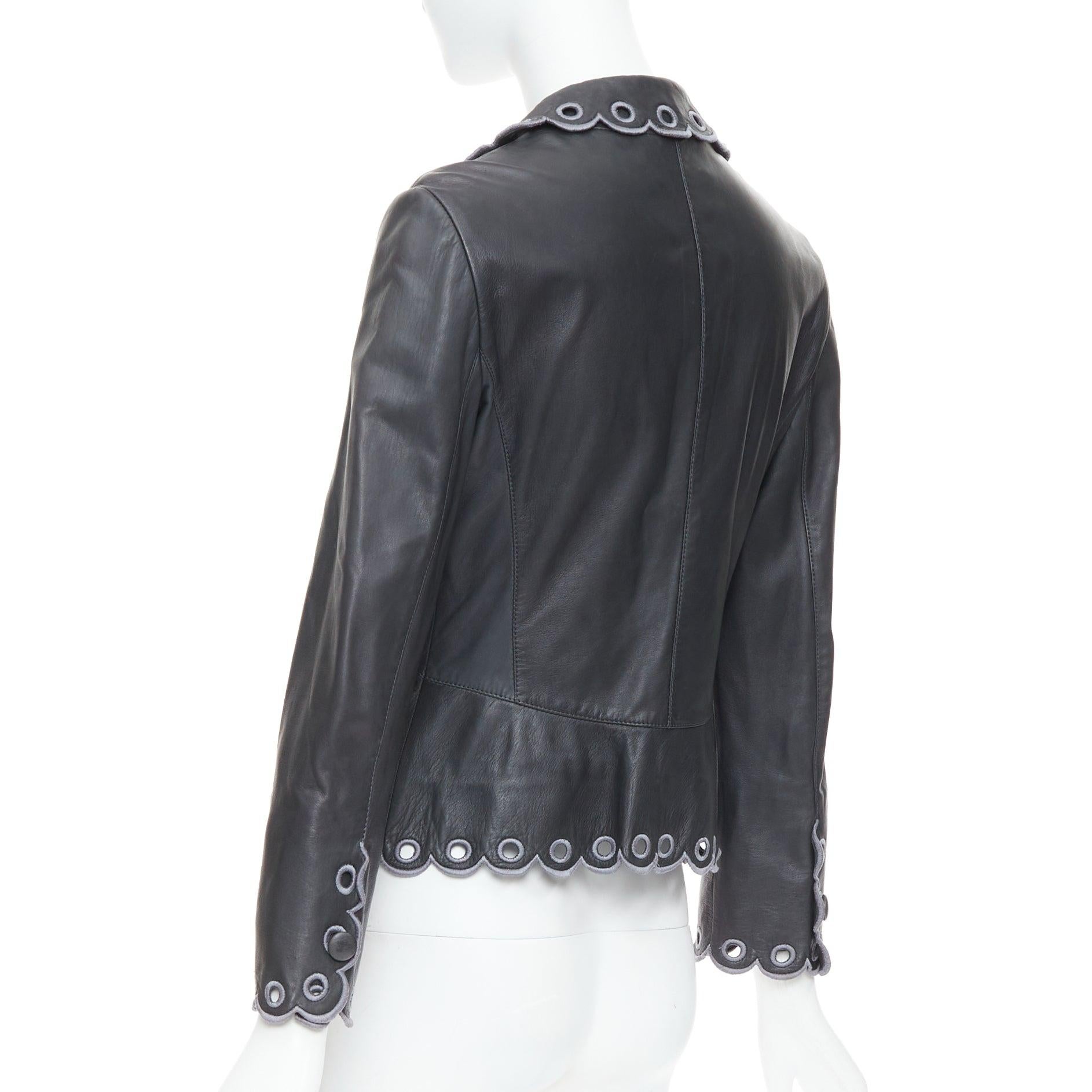 EMPORIO ARMANI 2009 black lambskin embroidered scalloped trim crop jacket IT40 S For Sale 2