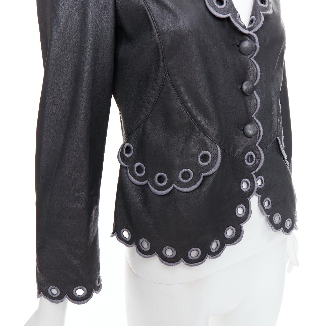EMPORIO ARMANI 2009 black lambskin embroidered scalloped trim crop jacket IT40 S For Sale 3