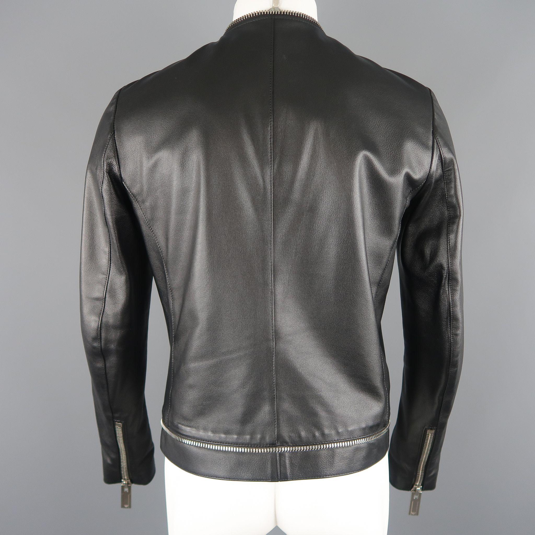 EMPORIO ARMANI 38 Black Leather Collarless Oversized Zipper Jacket In Excellent Condition In San Francisco, CA