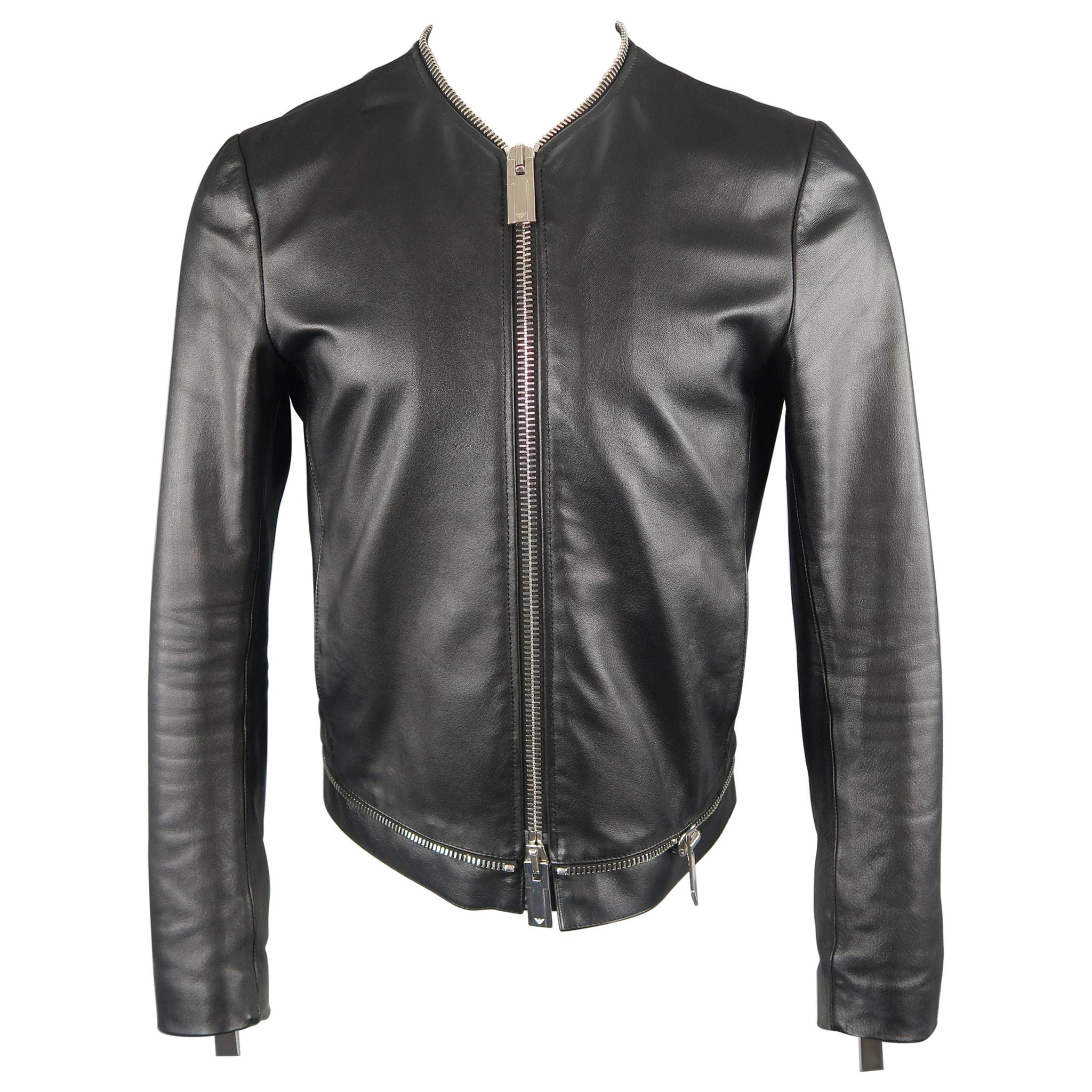 EMPORIO ARMANI 38 Black Leather Collarless Oversized Zipper Jacket