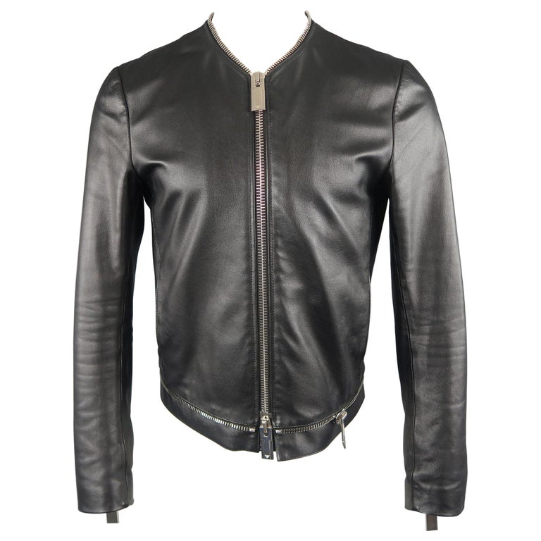 EMPORIO ARMANI 38 Black Leather Collarless Oversized Zipper Jacket at ...