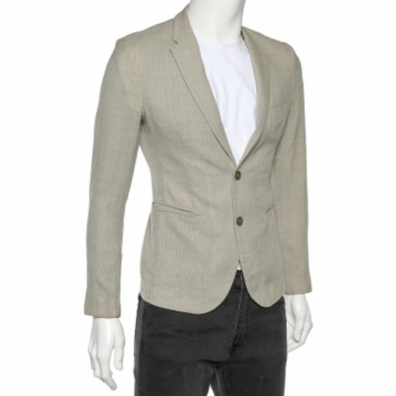 Emporio ARMANI Blazer beige de lana texturizada con botones delanteros S en venta 1