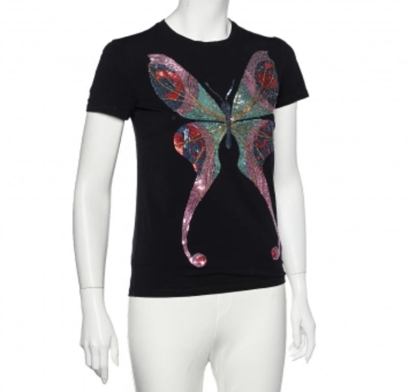 De las mujeres Emporio ARMANI Top negro de lentejuelas de algodón con estampado de mariposas M en venta
