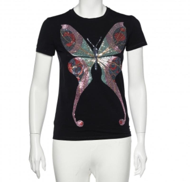 Emporio ARMANI Top negro de lentejuelas de algodón con estampado de mariposas M en venta 1