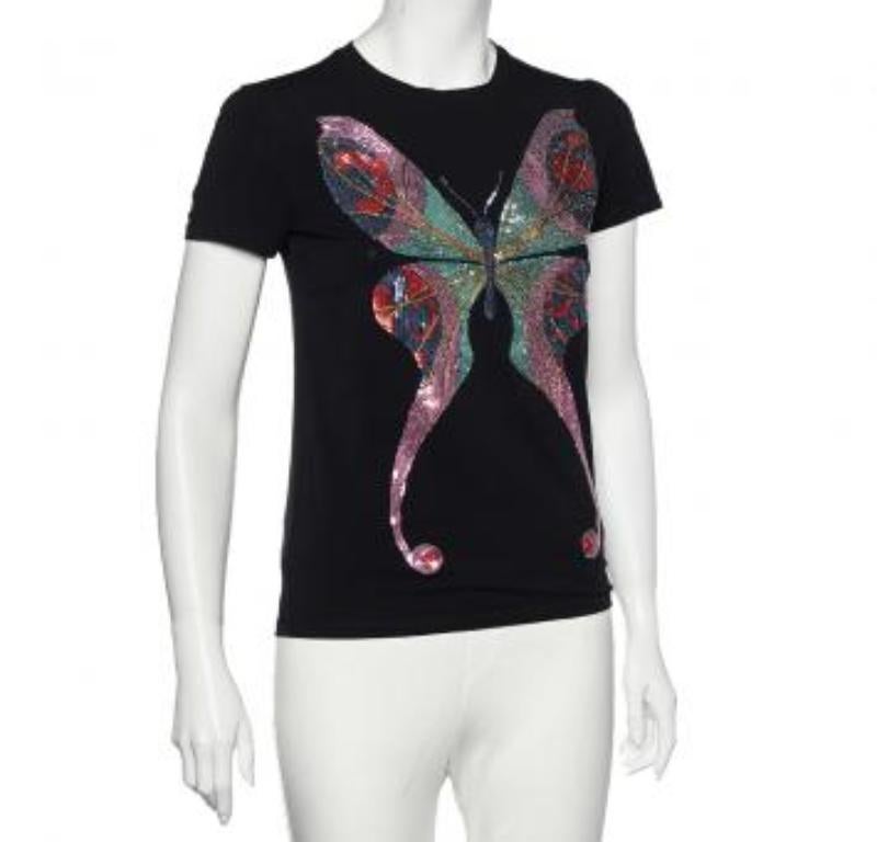 Emporio ARMANI Top negro de lentejuelas de algodón con estampado de mariposas M en venta 4