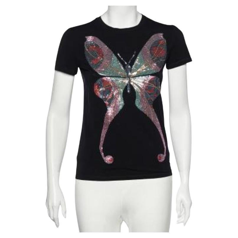 Emporio ARMANI Top negro de lentejuelas de algodón con estampado de mariposas M en venta