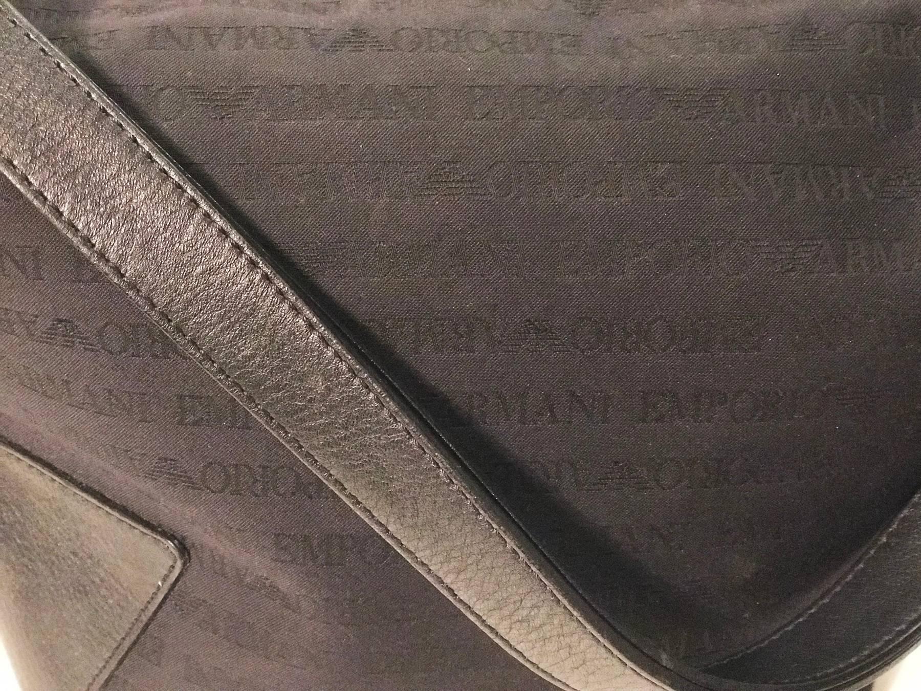 Emporio Armani black canvas with monogram pattern shoulder bag. For Sale 2