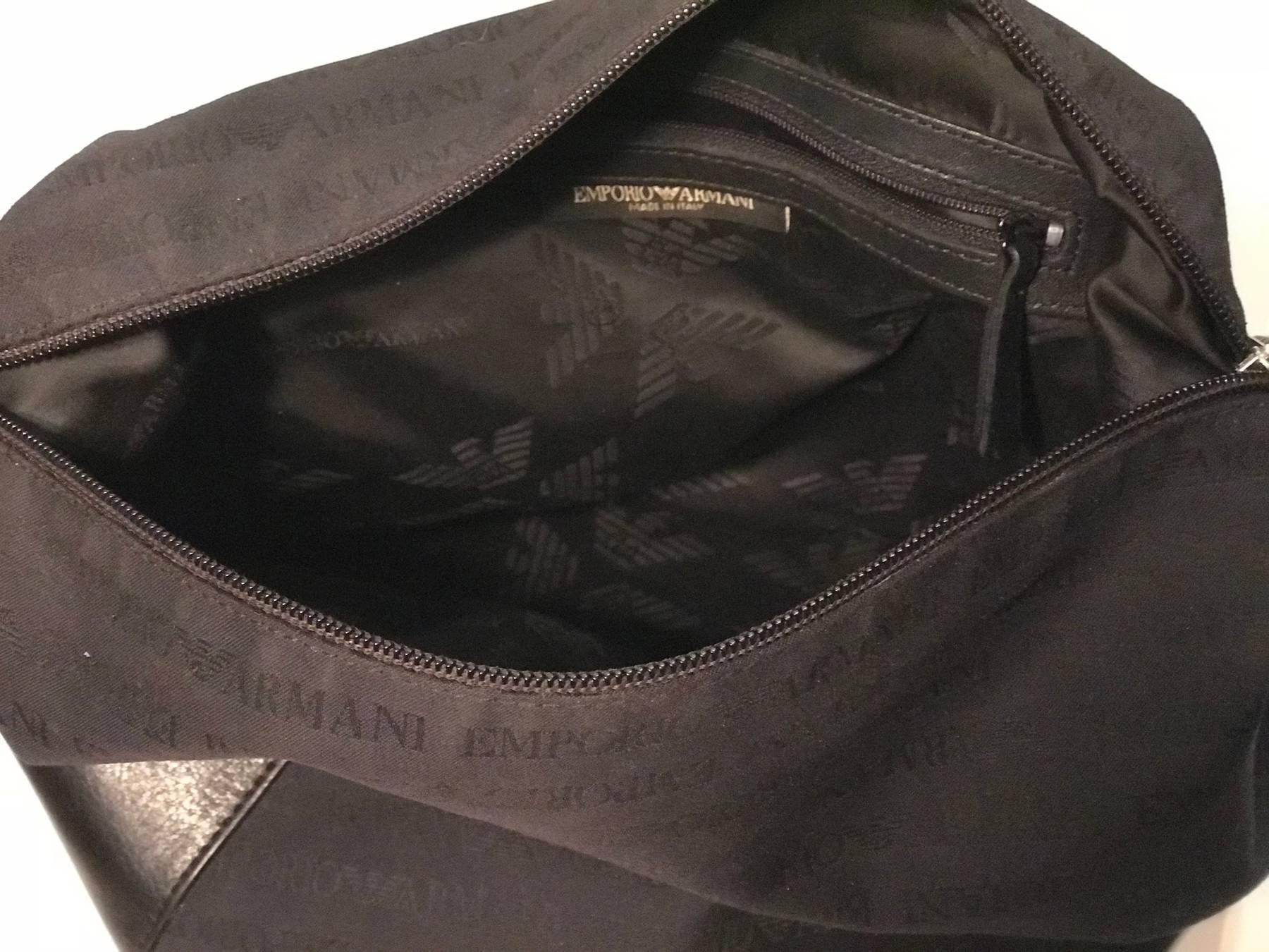 Emporio Armani black canvas with monogram pattern shoulder bag. For Sale 3