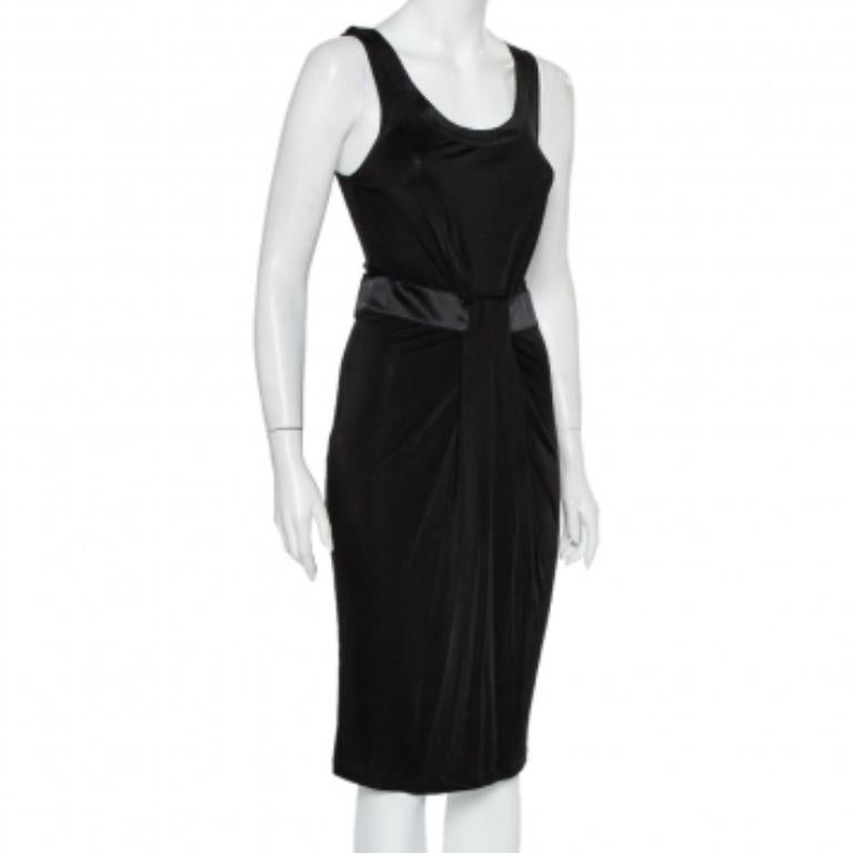 Women's Emporio Armani Black Knit Contrast Trim Draped Detail Sleeveless Midi Dress S For Sale