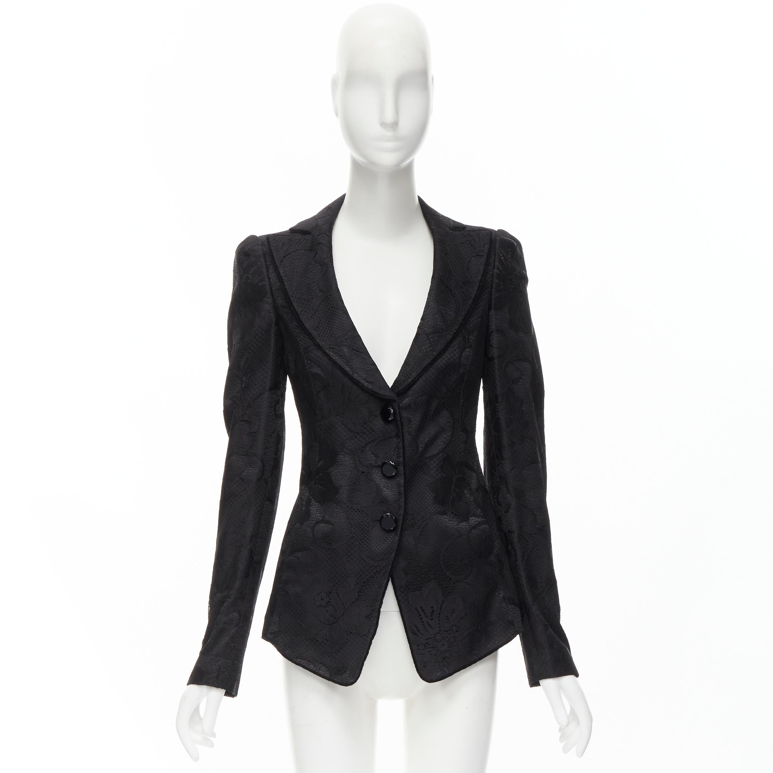 EMPORIO ARMANI black lace jewel cut buttons fitted blazer IT40 S For Sale 4