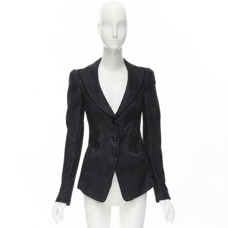 EMPORIO ARMANI black lace jewel cut buttons fitted blazer IT40 S For Sale 5
