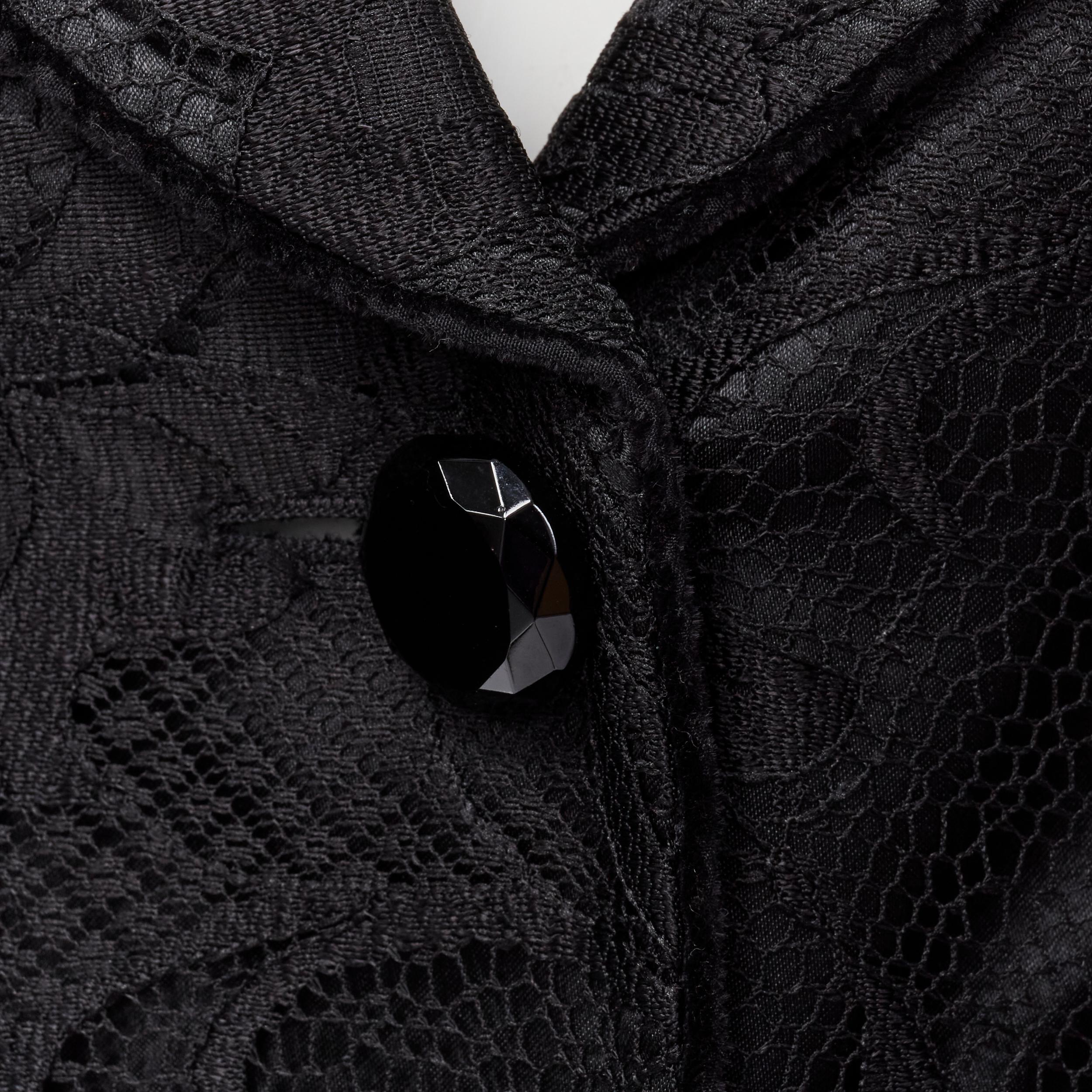 EMPORIO ARMANI black lace jewel cut buttons fitted blazer IT40 S 
Reference: MAWG/A00069 
Brand: Emporio Armani 
Material: Polyester 
Color: Black 
Pattern: Solid 
Closure: Button 
Extra Detail: Floral lace overlay. Black velvet piping. Padded