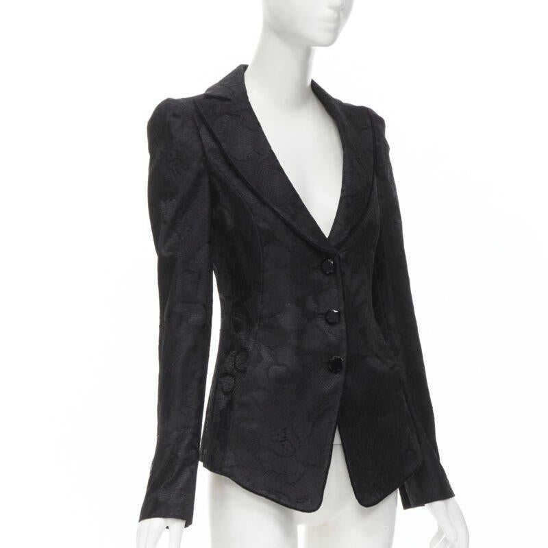 Black EMPORIO ARMANI black lace jewel cut buttons fitted blazer IT40 S For Sale