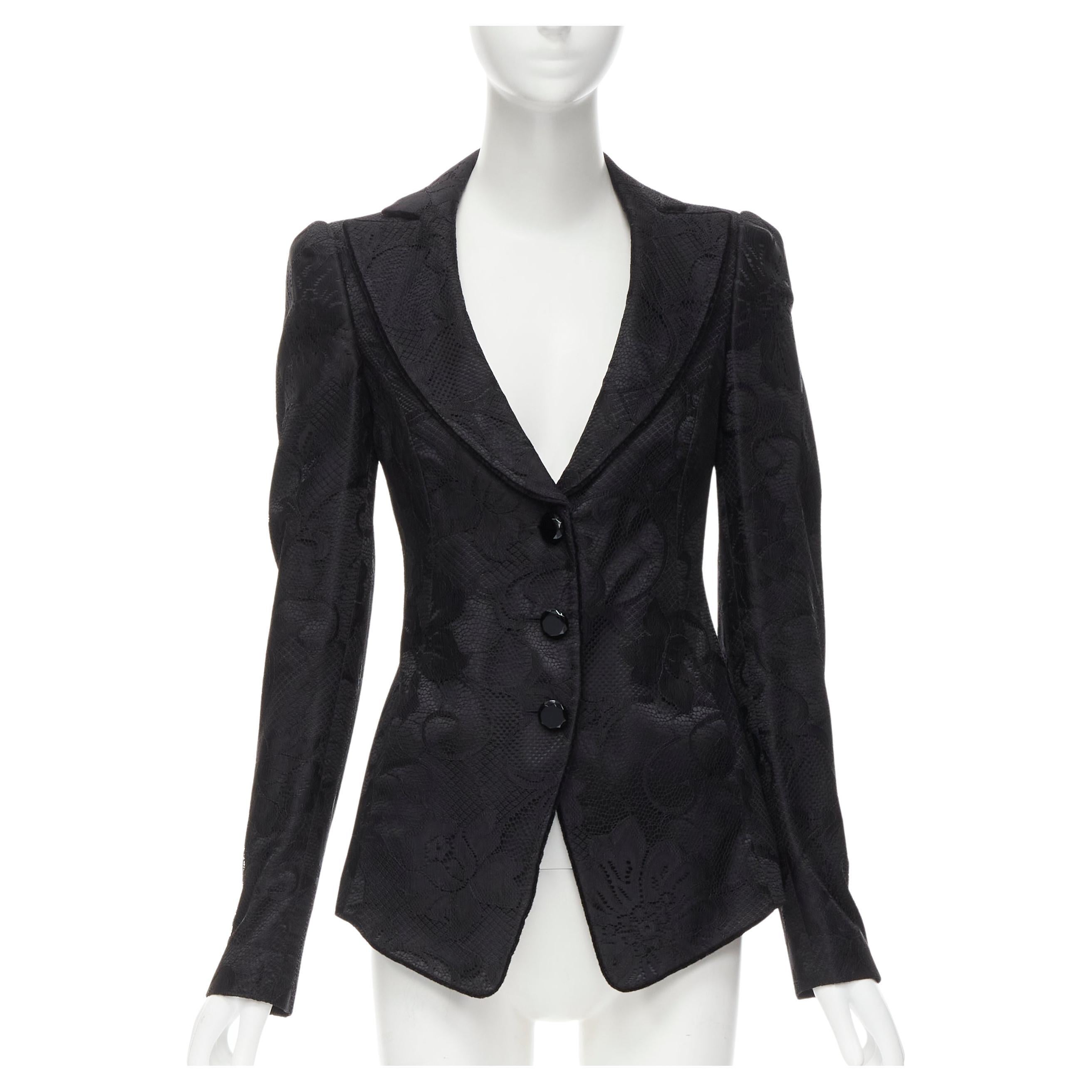 EMPORIO ARMANI black lace jewel cut buttons fitted blazer IT40 S For Sale