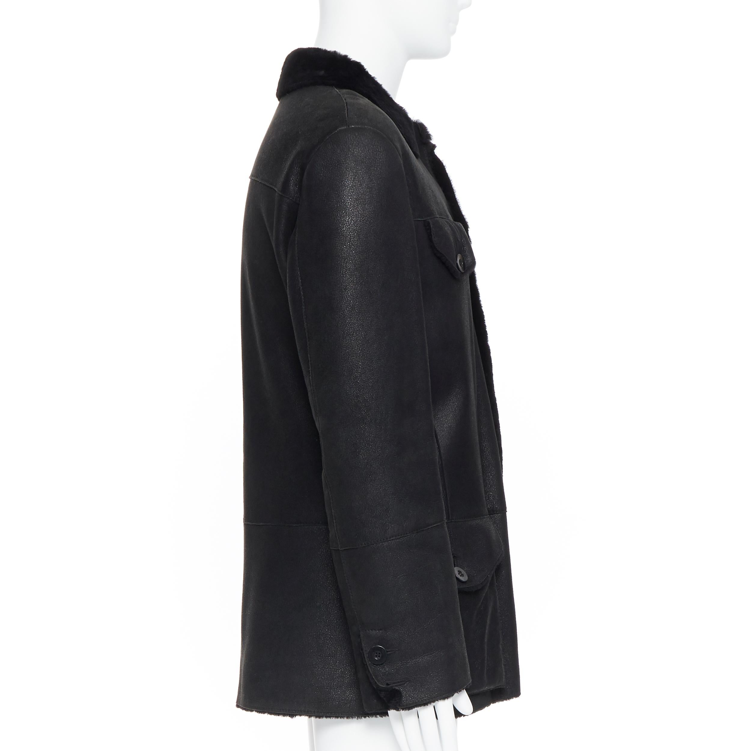 Black EMPORIO ARMANI black leather shearling lined 4-pocket aviator winter coat EU50 L