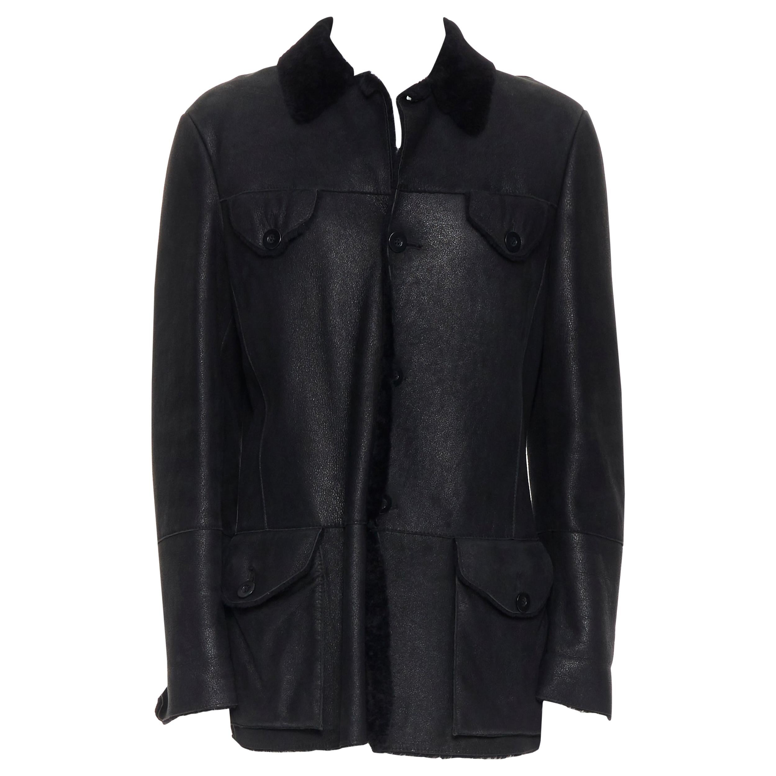 EMPORIO ARMANI black leather shearling lined 4-pocket aviator winter coat EU50 L