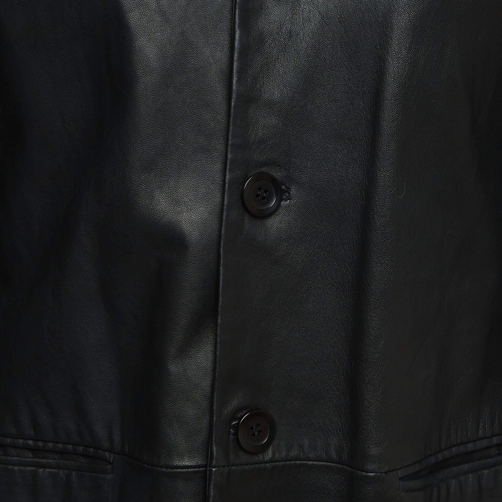 Emporio Armani Black Leather Single Breasted Buttoned Coat XL In Good Condition For Sale In Dubai, Al Qouz 2