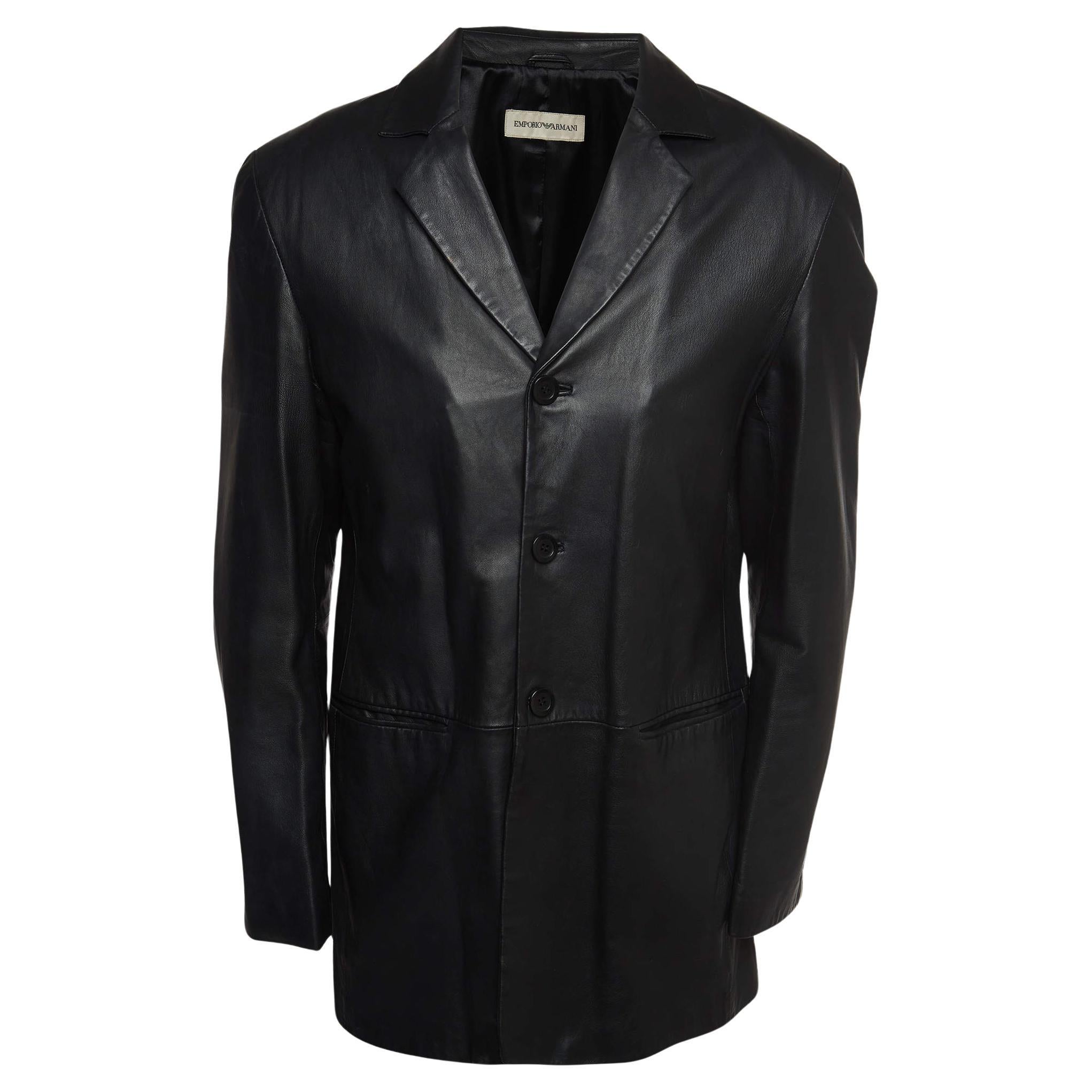 Emporio Armani Black Leather Single Breasted Buttoned Coat XL For Sale