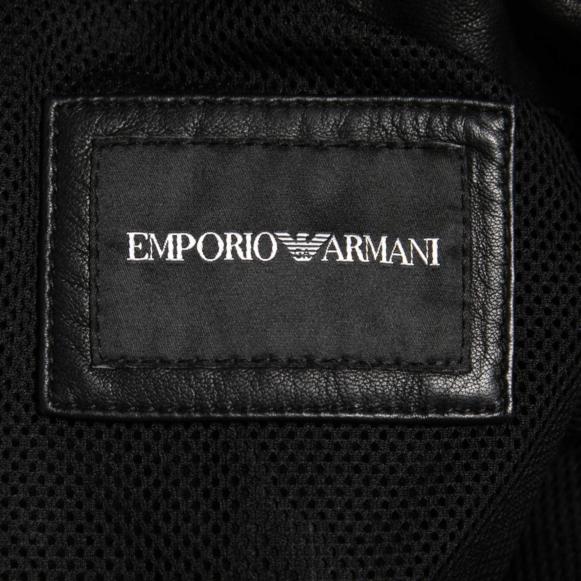 Emporio Armani Black Leather Zip Front jacket M In Good Condition In Dubai, Al Qouz 2