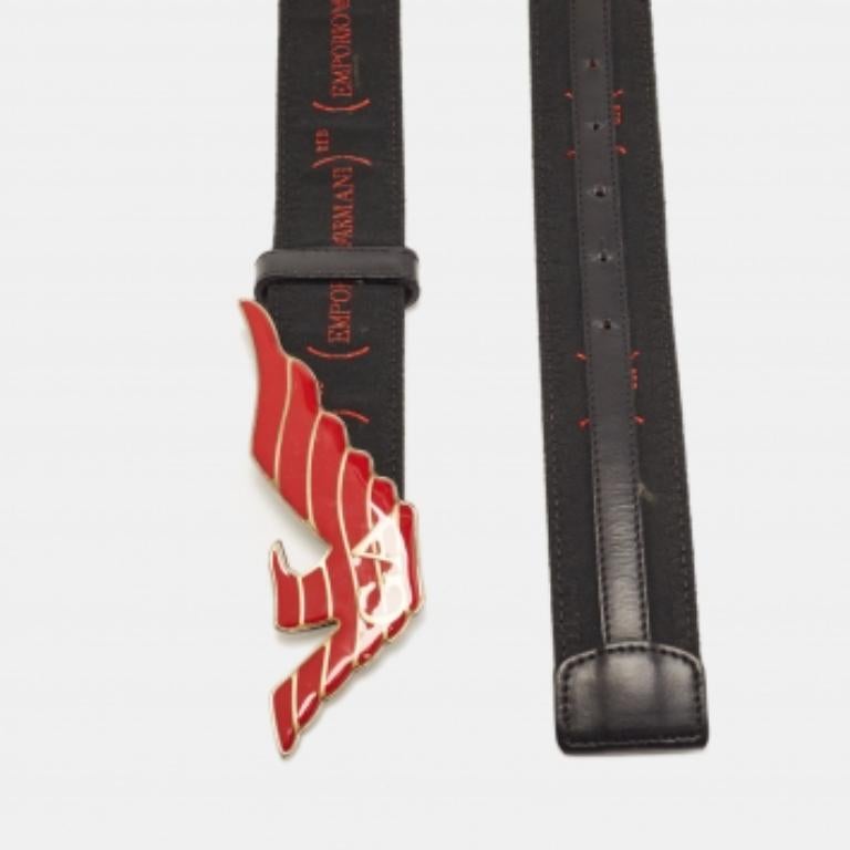 Marrone Emporio Armani Cintura con fibbia in tessuto ricamato con logo nero Taglia 44 in vendita