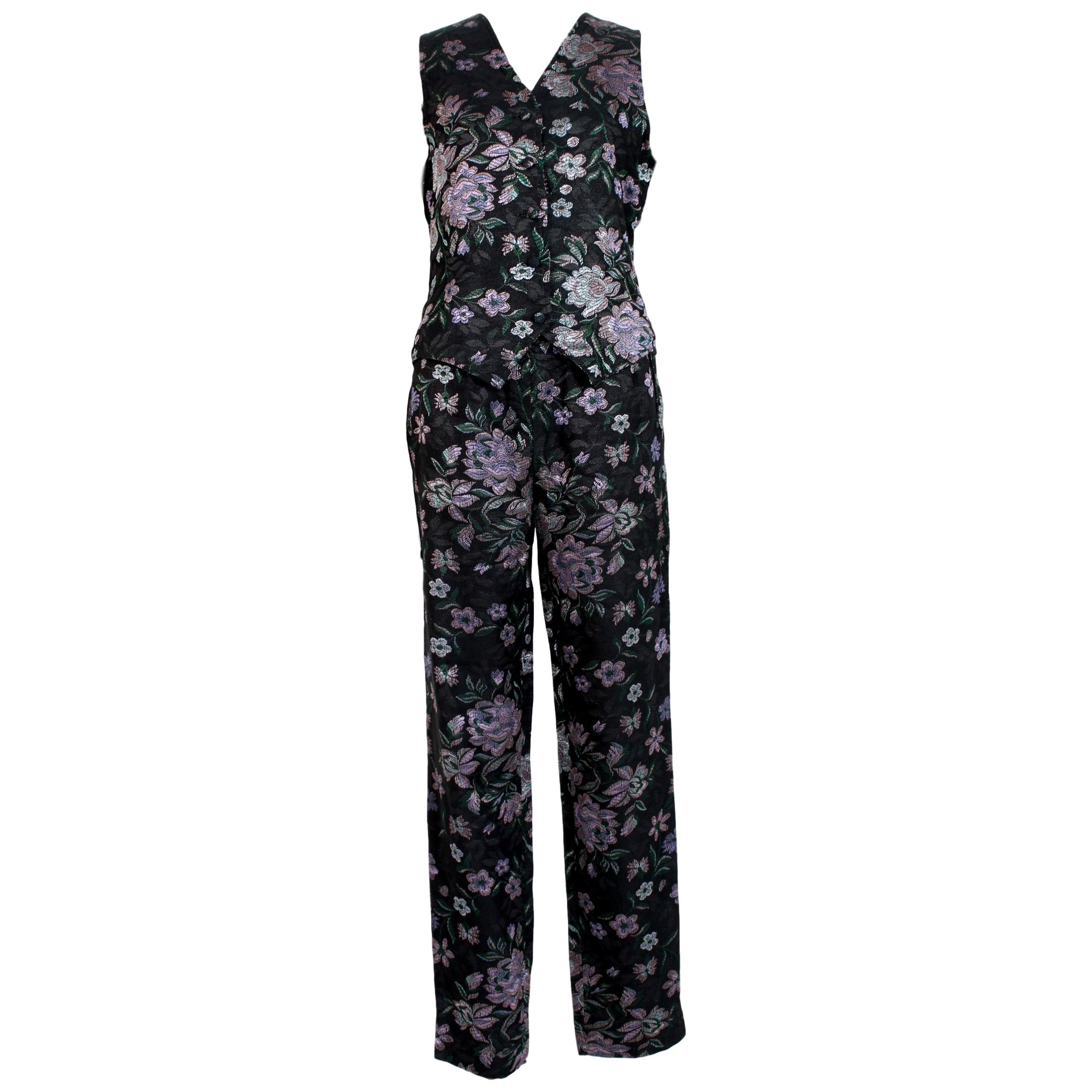 Emporio Armani Black Pink Cotton Damask Floral Pants Suit