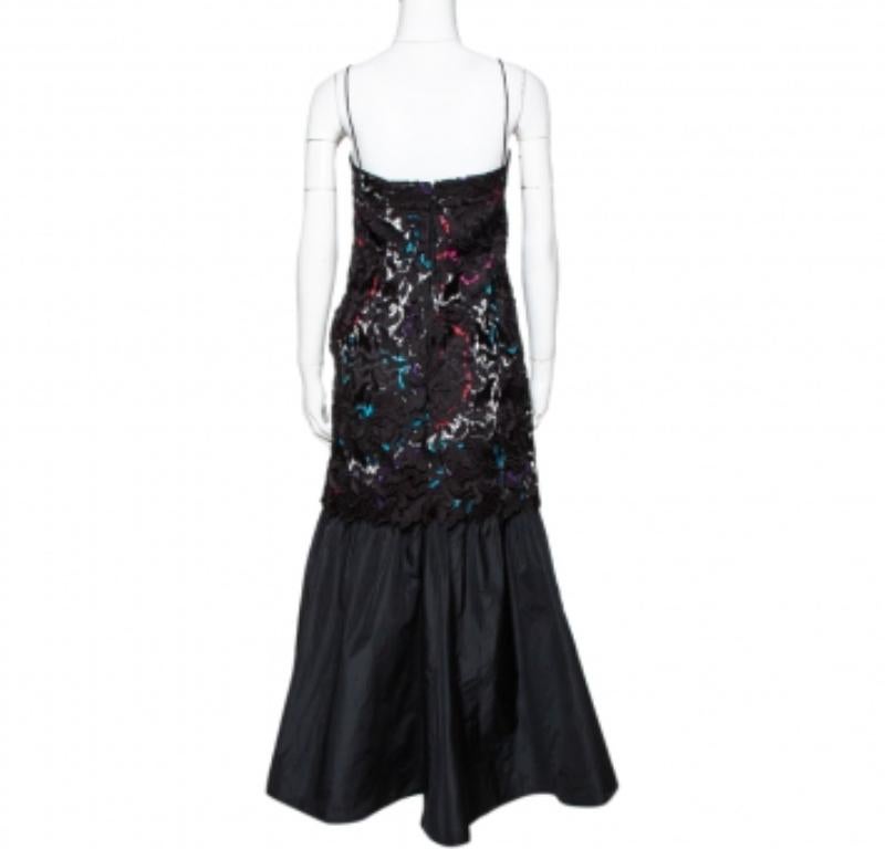 Emporio Armani Black Printed Satin & Lace Overlay Maxi Dress S For Sale 2