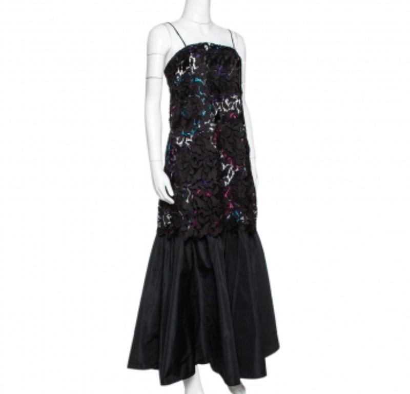 Emporio Armani Black Printed Satin & Lace Overlay Maxi Dress S For Sale 3
