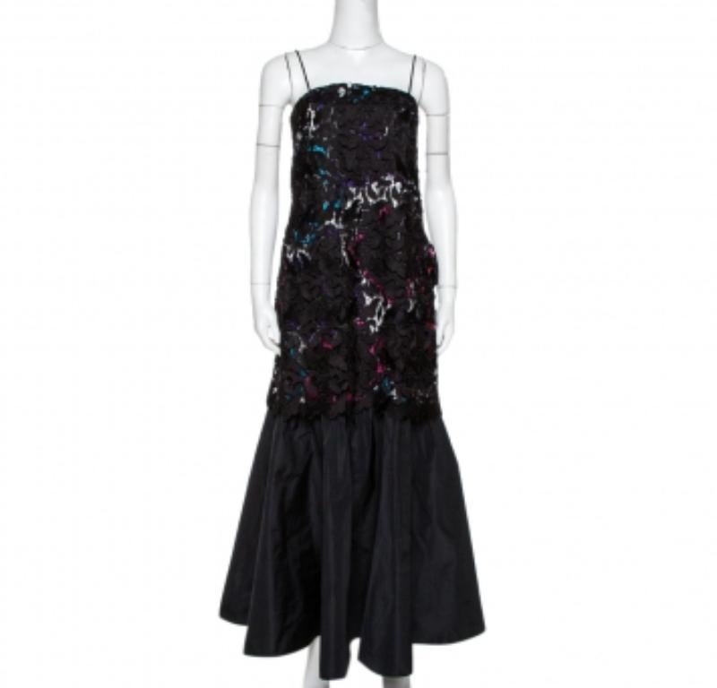 Emporio Armani Black Printed Satin & Lace Overlay Maxi Dress S For Sale