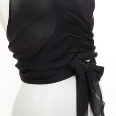 EMPORIO ARMANI: top negro de gasa de seda transparente, con cuello halter, cruzado y con lazo, IT38 XS