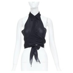 EMPORIO ARMANI: top negro de gasa de seda transparente, con cuello halter, cruzado y con lazo, IT38 XS