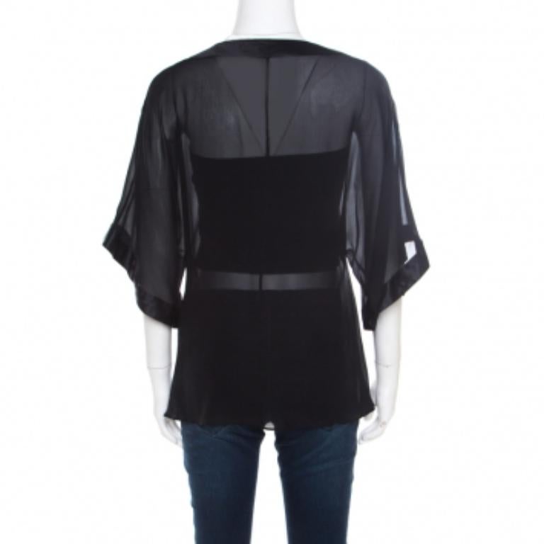 Noir Emporio Armani Black Sheer Silk Embellished Satin Trim Blouse L en vente