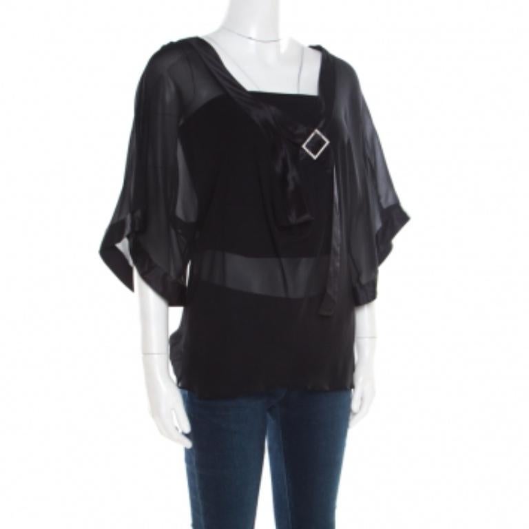 Emporio Armani Black Sheer Silk Embellished Satin Trim Blouse L en vente 2