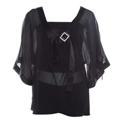 Emporio Armani Black Sheer Silk Embellished Satin Trim Blouse L