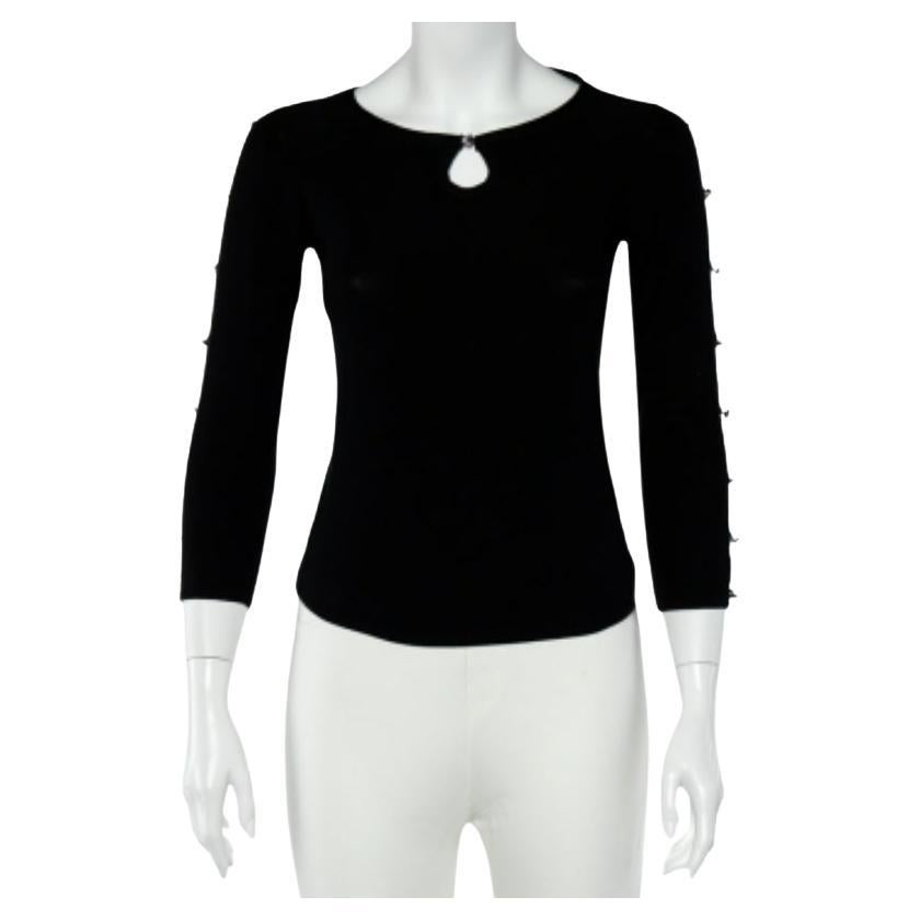 EMPORIO ARMANI - Top a maniche lunghe in maglia di seta nera con dettaglio in cristallo M.