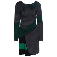 Emporio Armani Black Striped Knit Pleat Detail Long Sleeve Dress M