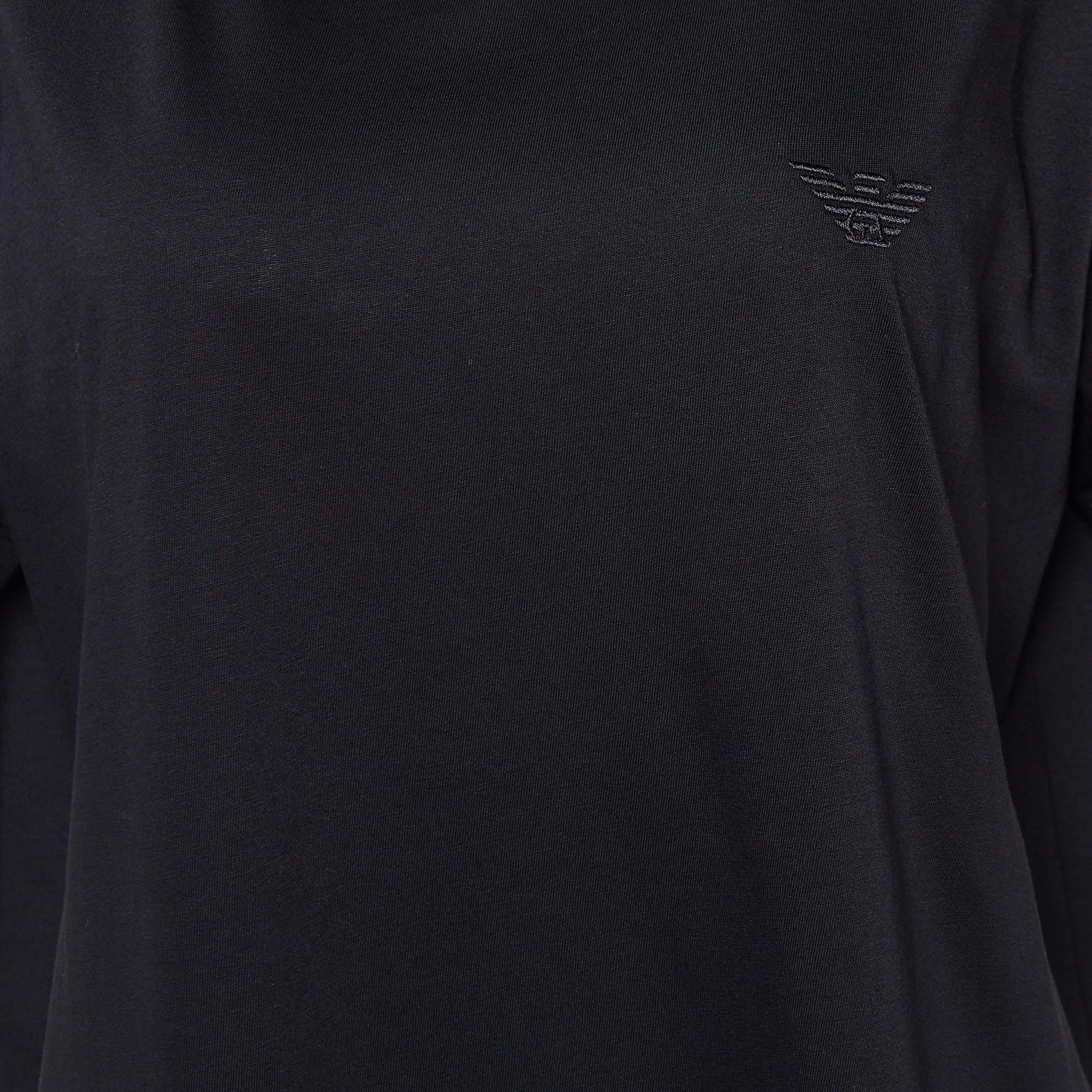 Women's Emporio Armani Black Velour Pattern Cotton Knit T-Shirt L For Sale