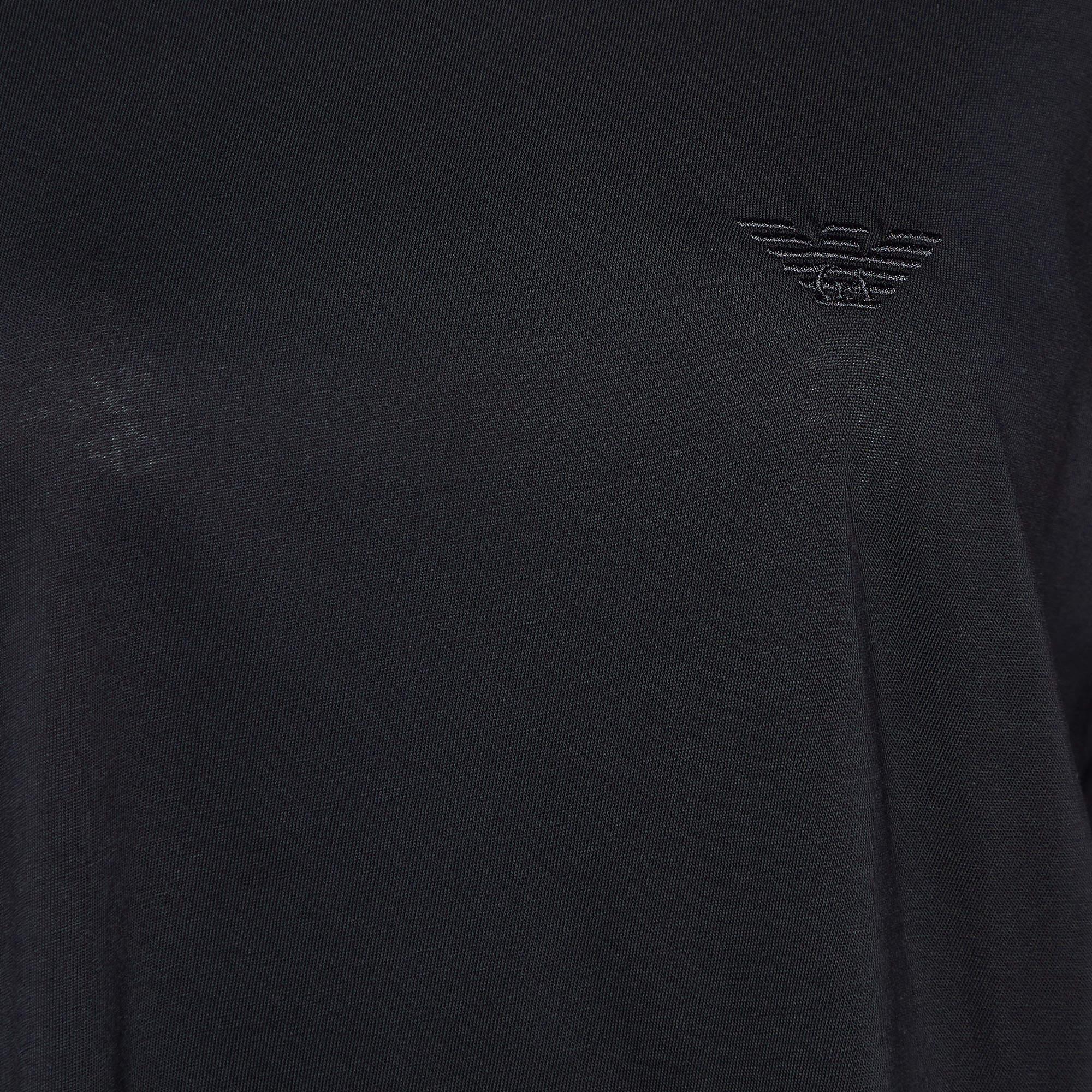 Emporio Armani Black Velour Pattern Cotton Knit T-Shirt L For Sale 2