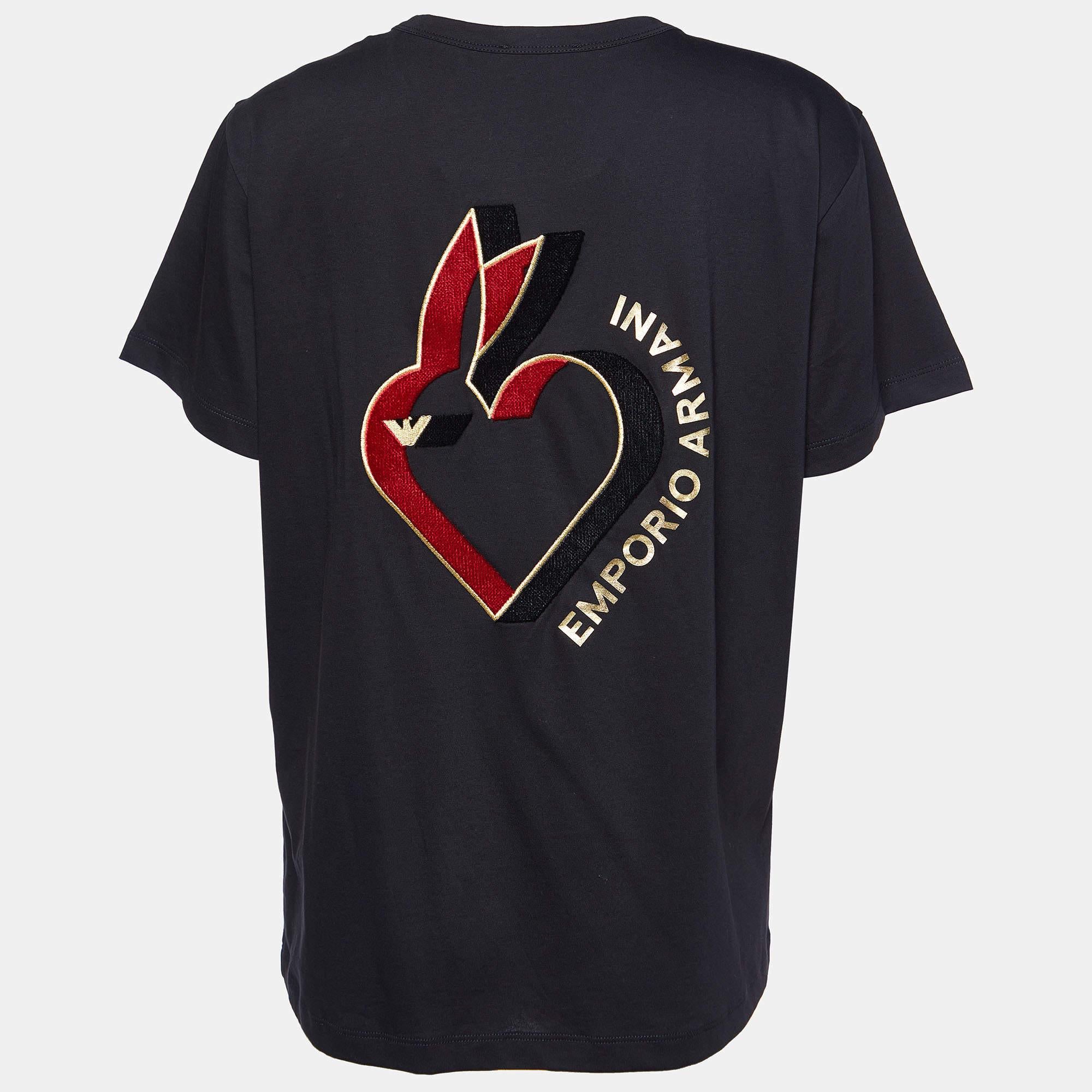 Emporio Armani Schwarzes Baumwoll-Strick-T-Shirt mit Velours-Muster L im Angebot 3